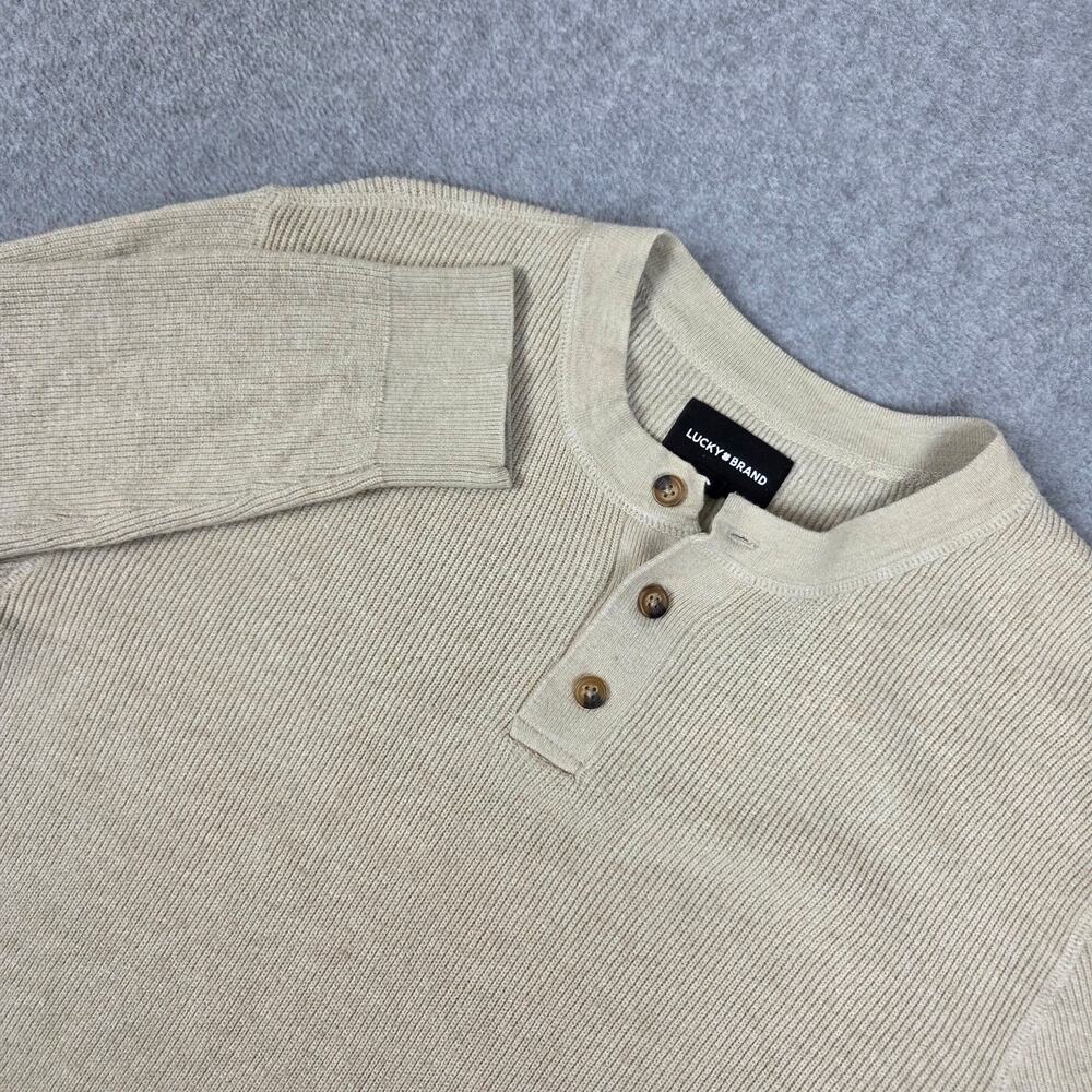 Lucky Brand Mens Small Tan Ribbed Knit 3-button Henley Sweater